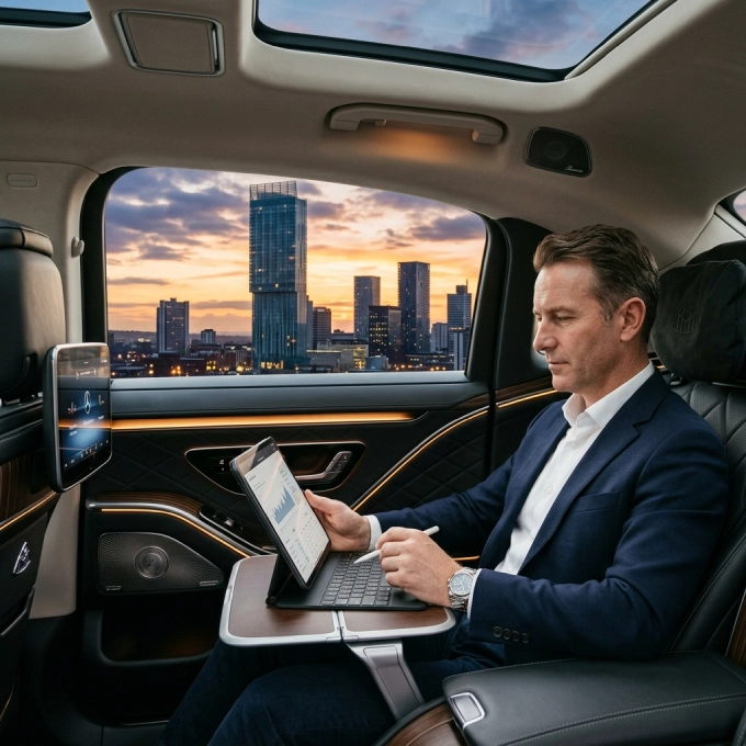 Executive travel — privacy and productivity in a luxury cabin, Manchester skyline