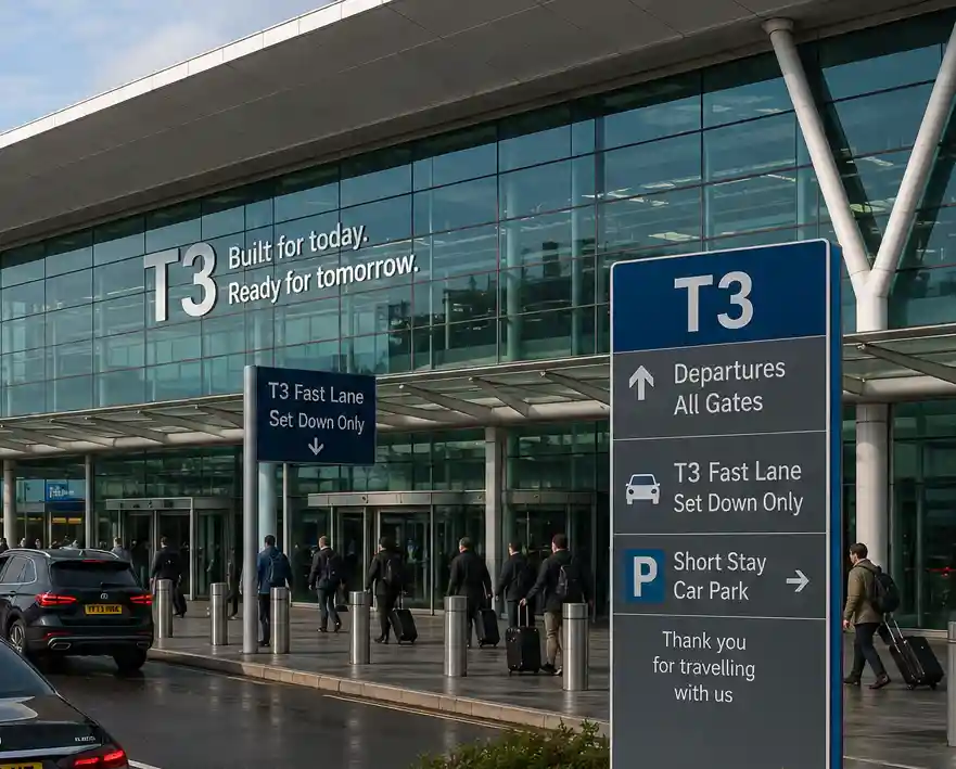 Luxury airport retail concourse with executive vehicle for boutique shopping and chauffeur transfer