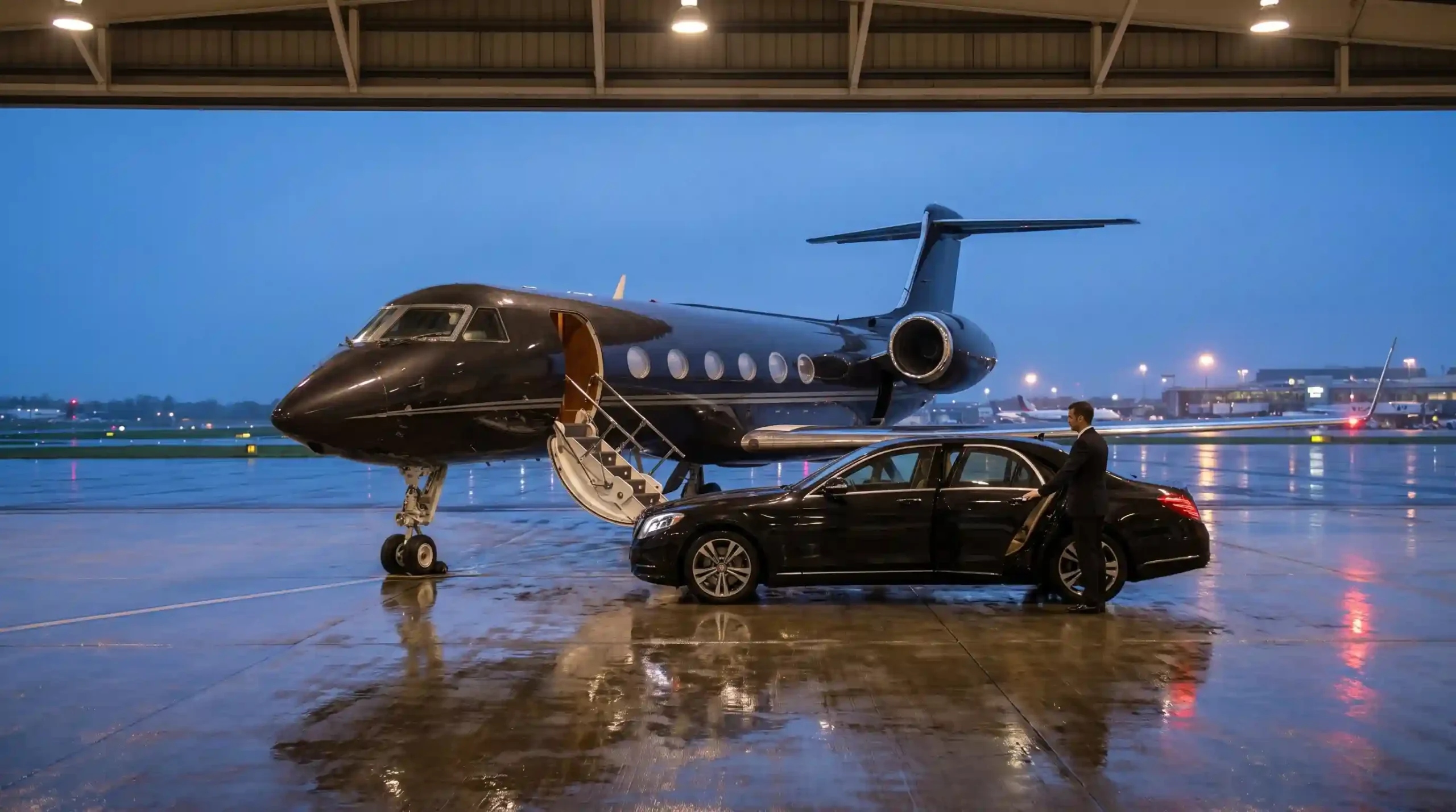 Private jet on wet airport apron at dusk with executive sedan and chauffeur for FBO ground transfer