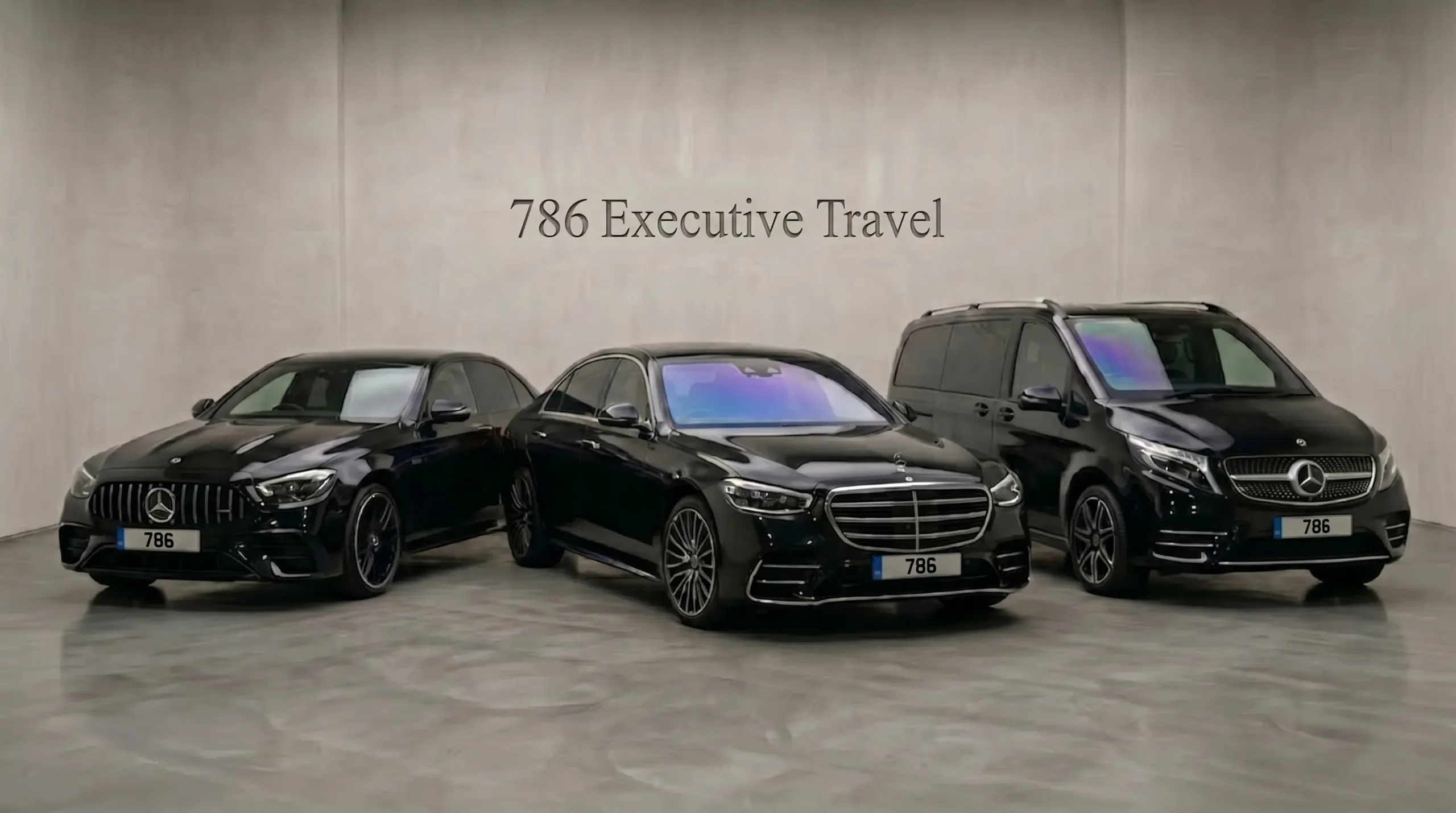 786 Executive Travel Ltd hero — premium black Mercedes executive fleet ready for chauffeur service across the UK.