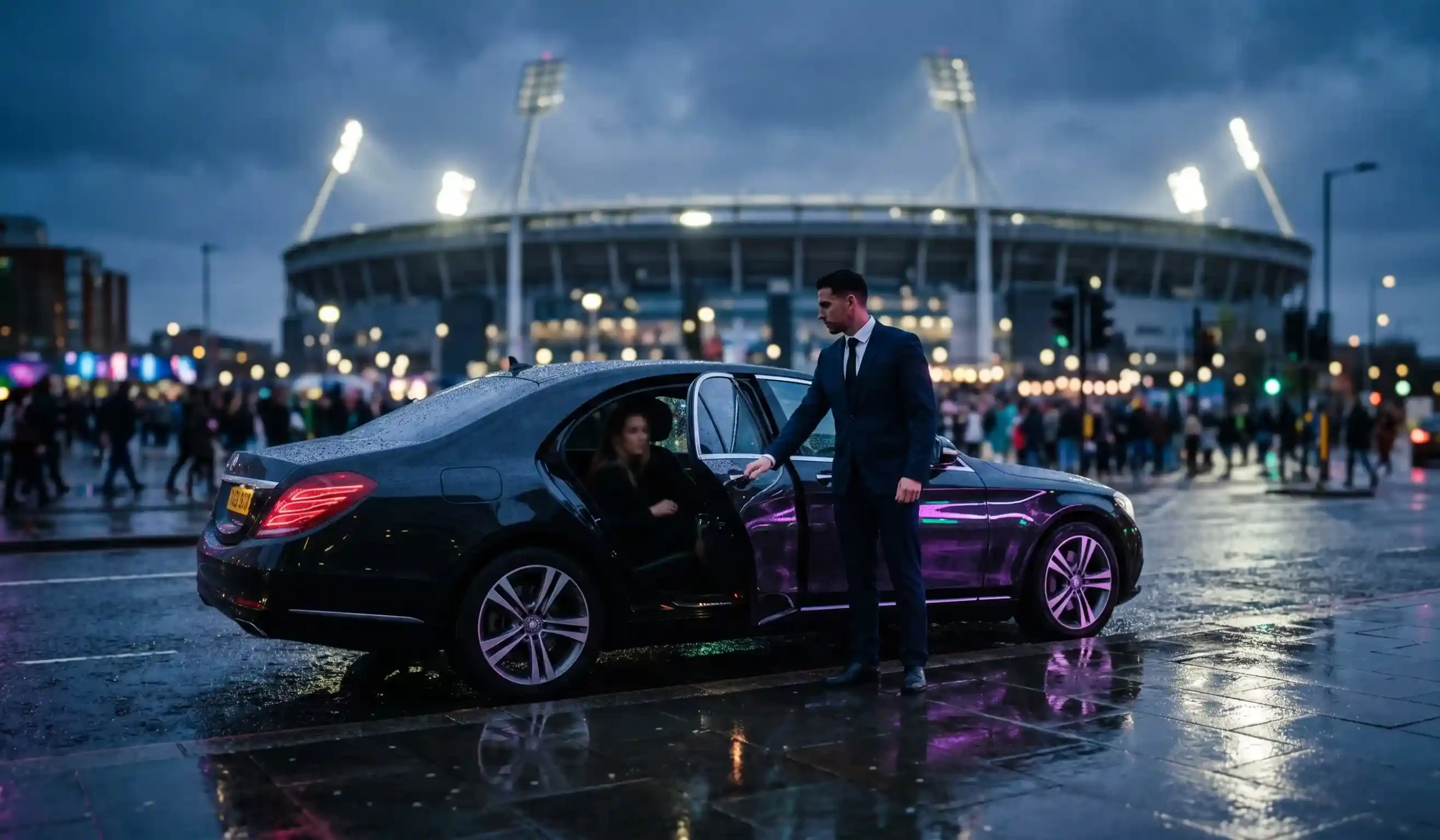786 Executive Travel Ltd chauffeur opening the door of a black Mercedes at night outside a floodlit football stadium, wet street reflections